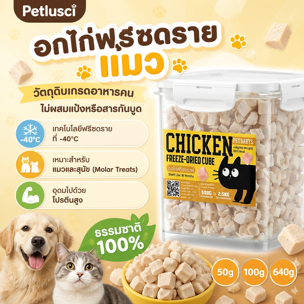 PETLUSCI อกไก่ฟรีซดราย 100% ธรรมชาติ ขนมแมว คุณภาพสูง ขนมหมา