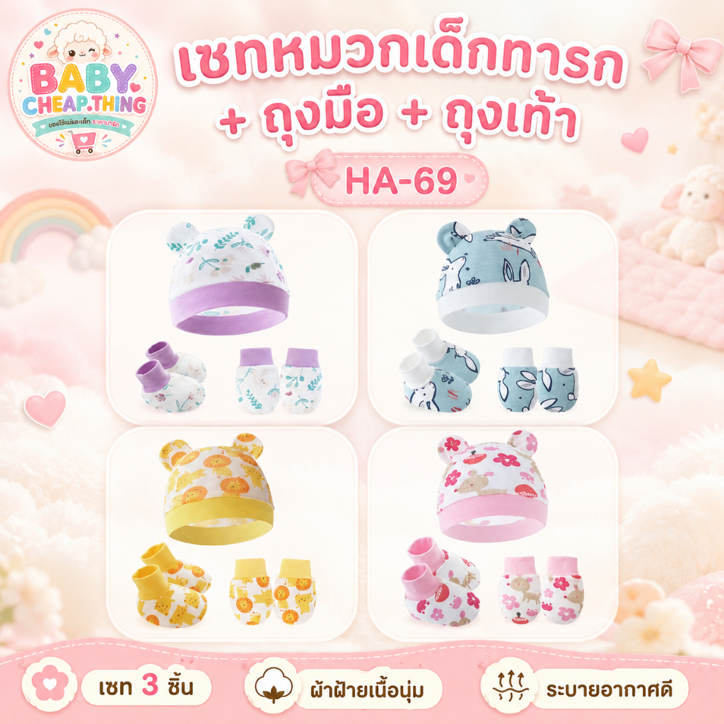 เซทหมวกเด็กทารกถุงมือถุงเท้า (Ha69) -เซท 3 ชิ้น