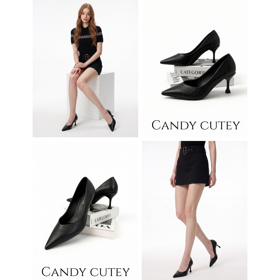 Candy Cutey รองเท้าคัชชูส้นเข็มสีดำเรียบง่าย หัวแหล่ง หนังนุ่ม ใส่สบาย เหมาะแต่งตัวประจำวันและทำงานออฟฟิศ