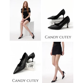 Candy Cutey รองเท้าคัชชูส้นเข็มสีดำเรียบง่าย หัวแหล่ง หนังนุ่ม ใส่สบาย เหมาะแต่งตัวประจำวันและทำงานออฟฟิศ