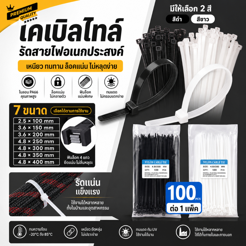 เคเบิลไทร์ 100ชิ้น!! 4" 6" 8" 10" 12" Cable Tie ที่รัดสายไฟ สายรัดไนล่อน สายเคเบิ้ลไทร์ Nylon Plastic