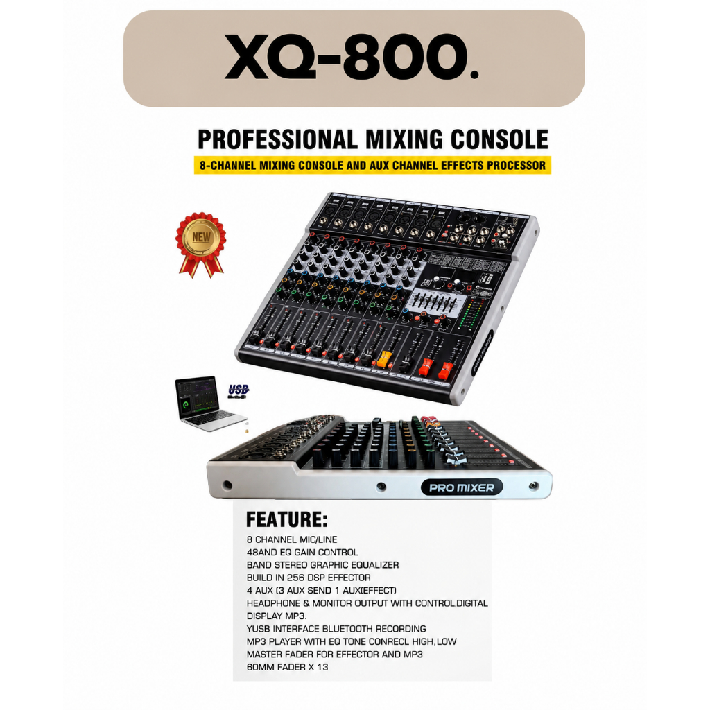 JSM XQ-800 มิกเซอร์ 8 แชนแนล USB Bluetooth DSP 256 เอฟเฟกต์ EQ กราฟิก เฟดเดอร์ 60 มม.