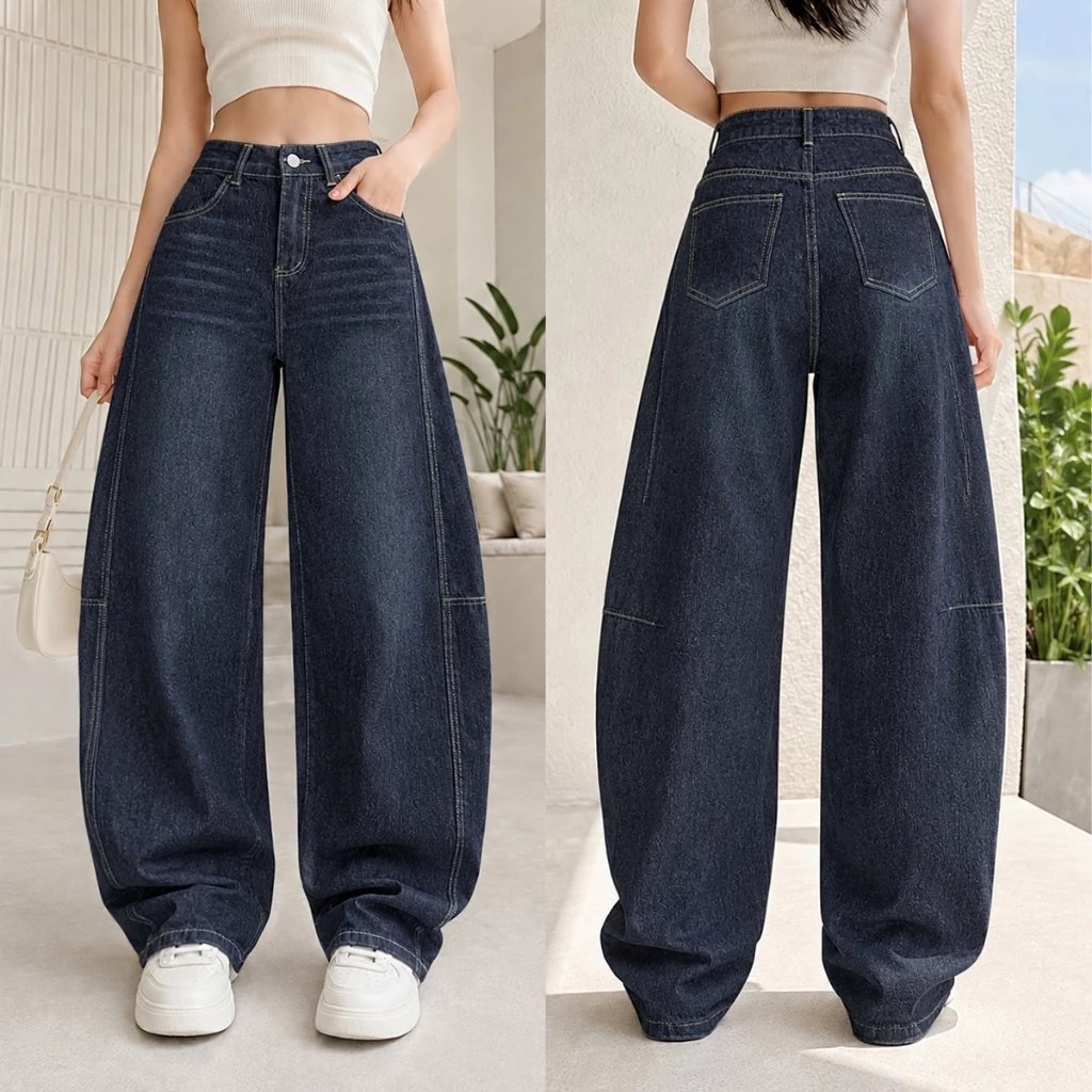 FLAER Denim Studio กางเกงยีนส์ผู้หญิงเอวสูง ทรงขาโค้ง ขากว้าง สีกรมวินเทจ ทรงหลวม พรางหุ่น ใส่สบาย
