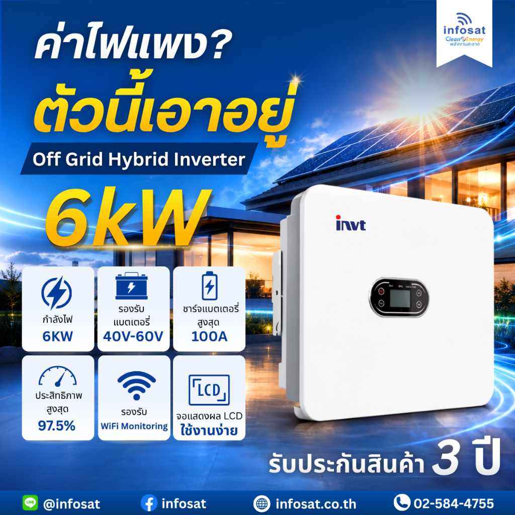 INFOSAT Hybrid Inverter 6kW On/Off Grid Hybrid 1 เฟส INVT อินเวอร์เตอร์โซลาร์เซลล์ รองรับแบตเตอรี่ L