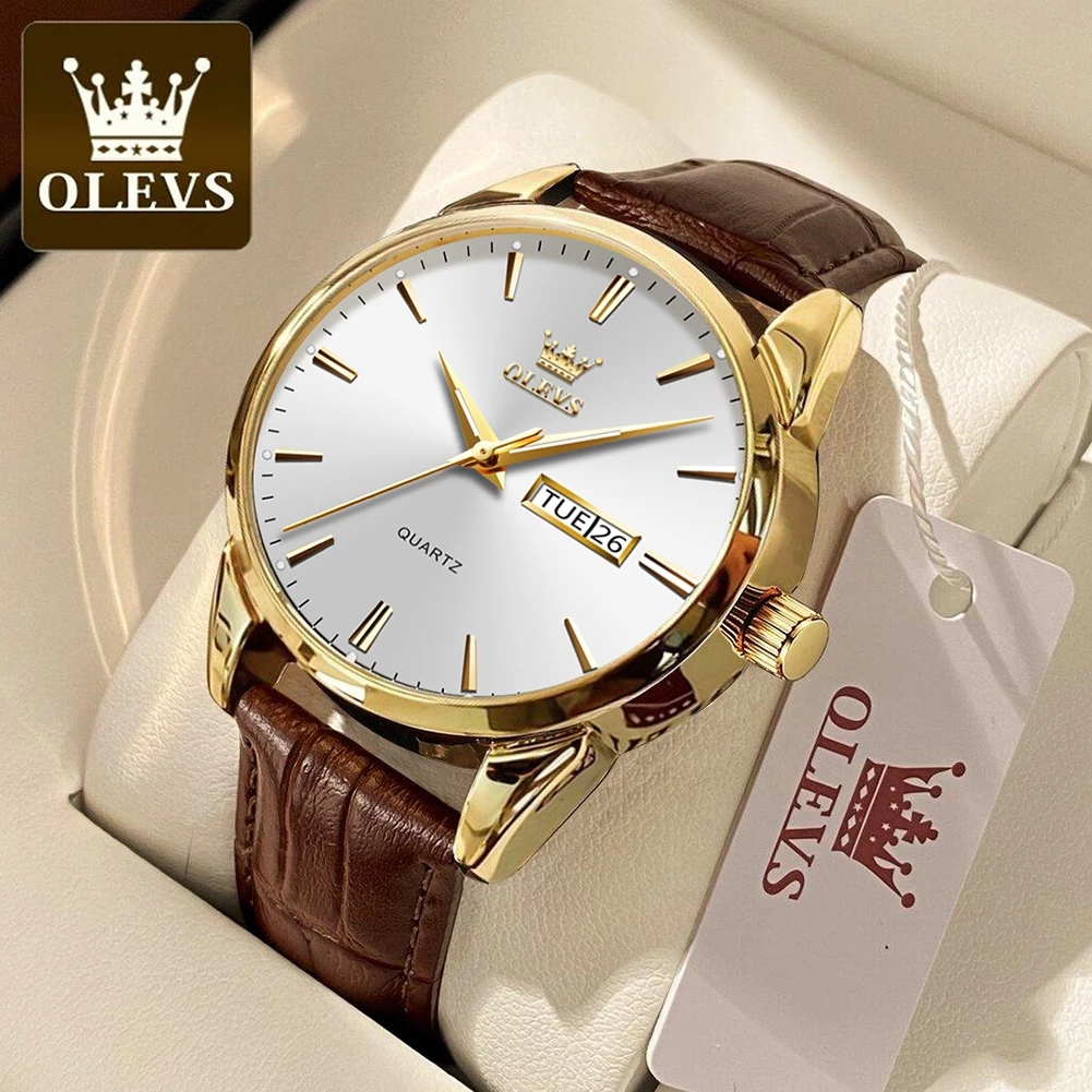 OLEVS นาฬิกา ผู้ชาย แฟชั่น watch 100% แท้ นาฬิกาข้อมือกันน้ำได้ ควอตซ์ หนัง แนวโน้ม