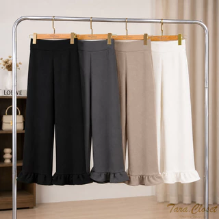 PW600 TARA Short pants กางเกง 4 ส่วน เอวสูง ทรง Biker ปลายขาแต่งระบาย เอวยางยืด มีขอบเอว เนื้อผ้าวูลเวฟ ผ้ายืด ใส่สบาย