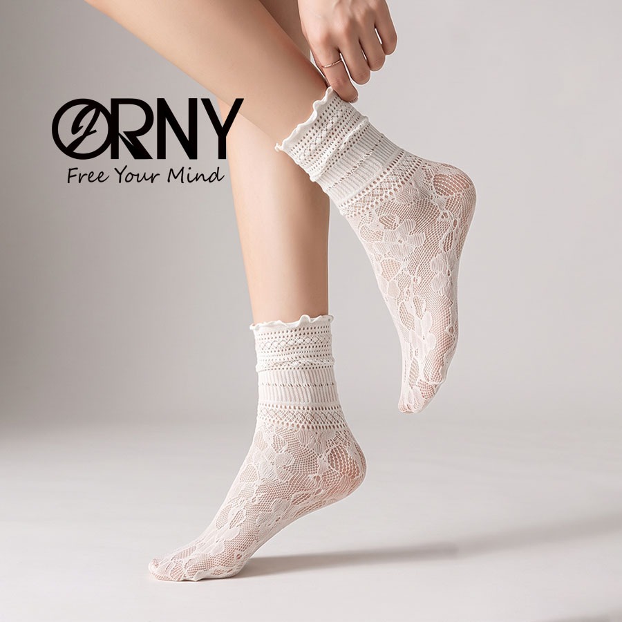[ORNY] S106 ถุงเท้าลูกไม้ซีทรู ถุงเท้าข้อสั้น ขอบระบาย ลายดอกไม้ สไตล์เกาหลี วินเทจ น่ารัก (พร้อมส่ง)