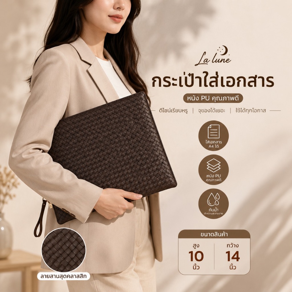 La Lune Mono กระเป๋าใส่เอกสาร A4 หนัง PU ทรงเรียบหรู ใส่แท็บเล็ตได้ น้ำหนักเบา Made in Thailand