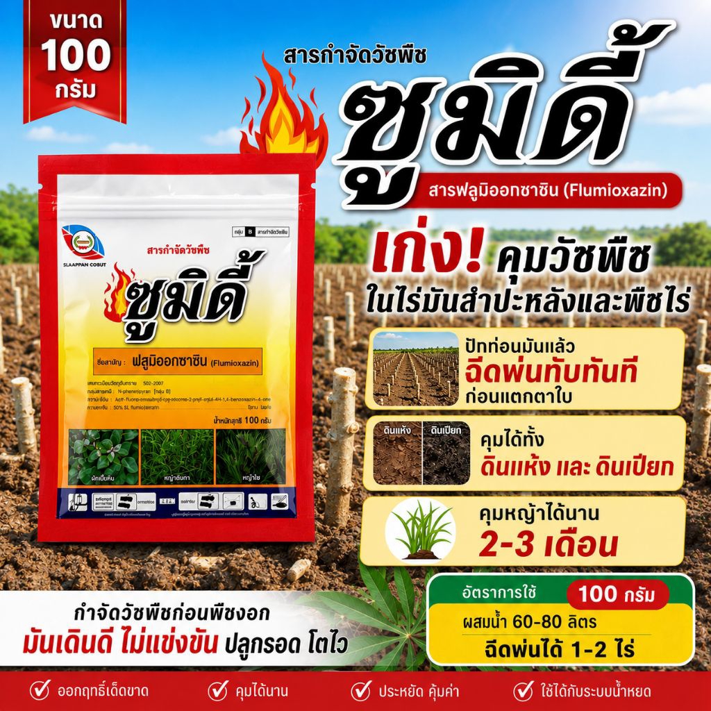 ซูมิดี้ 100กรัม สารเดียวกับซูมิโซย่า (ฟลูมิออกซาซิน 50%WP)ใช้คุมหญ้าในไร่มันสำปะหลัง อ้อย ข้าวโพด นาหว่านแห้ง ถั่วเหลือง