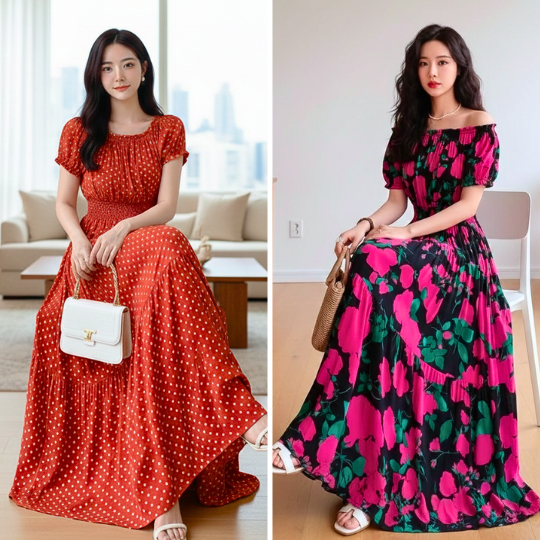 4.J เดรสคอตตอล อก 32-42 นิ้ว ยาว 47 นิ้ว เอว 44 นิ้ว ระบาย 3 ชั้น ไซด์ SS / S / M / L / XL