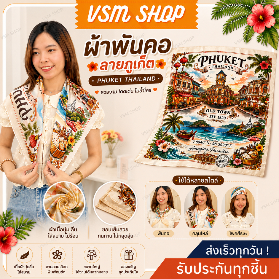 ผ้าพันคอซาติน ลาย Phuket (E08) ผ้าโพกหัว ผ้าคลุมไหล่ ผ้าโพกศรีษะ【70x70 ซม】ผ้ามัดผมเกาหลี