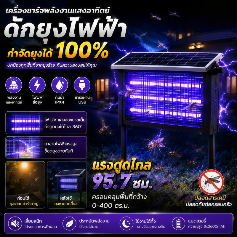 เครื่องช็อตยุงไฟฟ้าโซลาร์เซลล์ เครื่องดักยุงโซล่าเซลล์ Solar Mosquito Trap การทำงานแบบไร้สาย 60-400 ตร.ม.