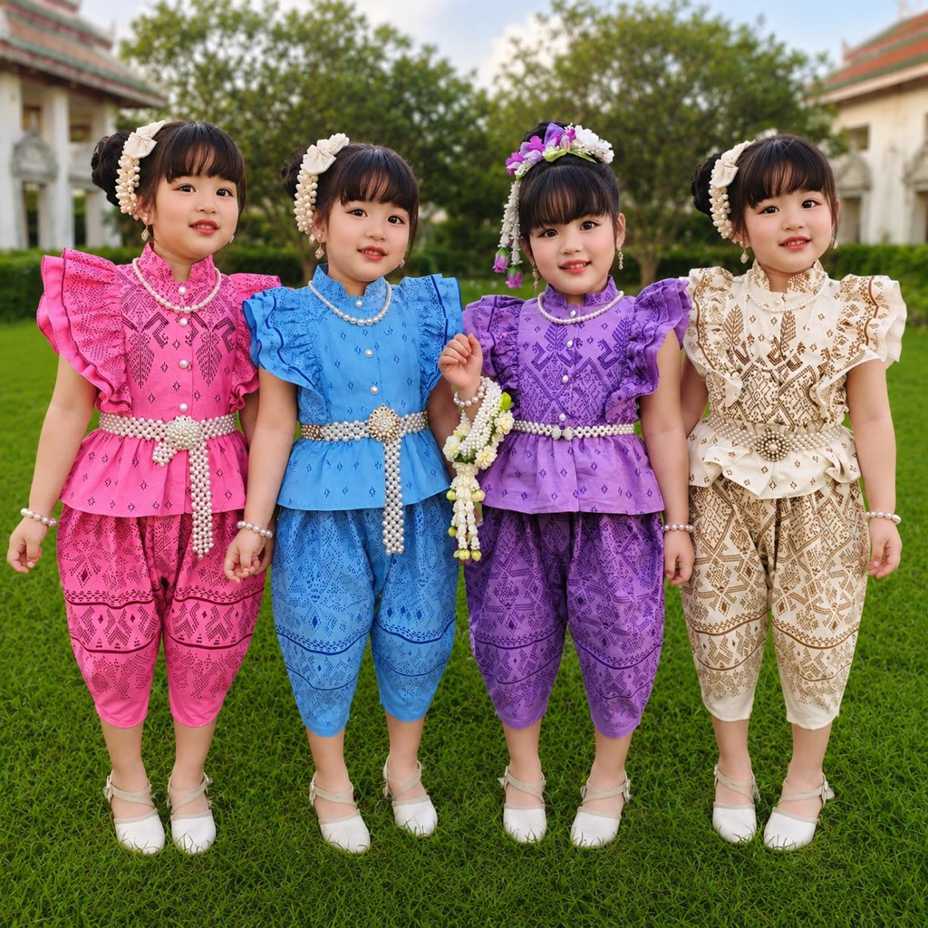ชุดไทยลูกสาว ผ้าฝ้ายแขนแต่งระบาย ผ้าใส่สบาย (ไม่รวมเครื่องประดับ)