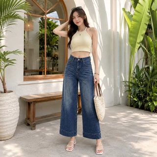 FLAER Denim Studio ส่งจากไทย กางเกงยีนส์ผู้หญิงเอวสูง 9 ส่วน ขากระบอกตรง ทรงหลวม สีฟอกวินเทจ มีหลายสี พรางหุ่น ใส่สบาย