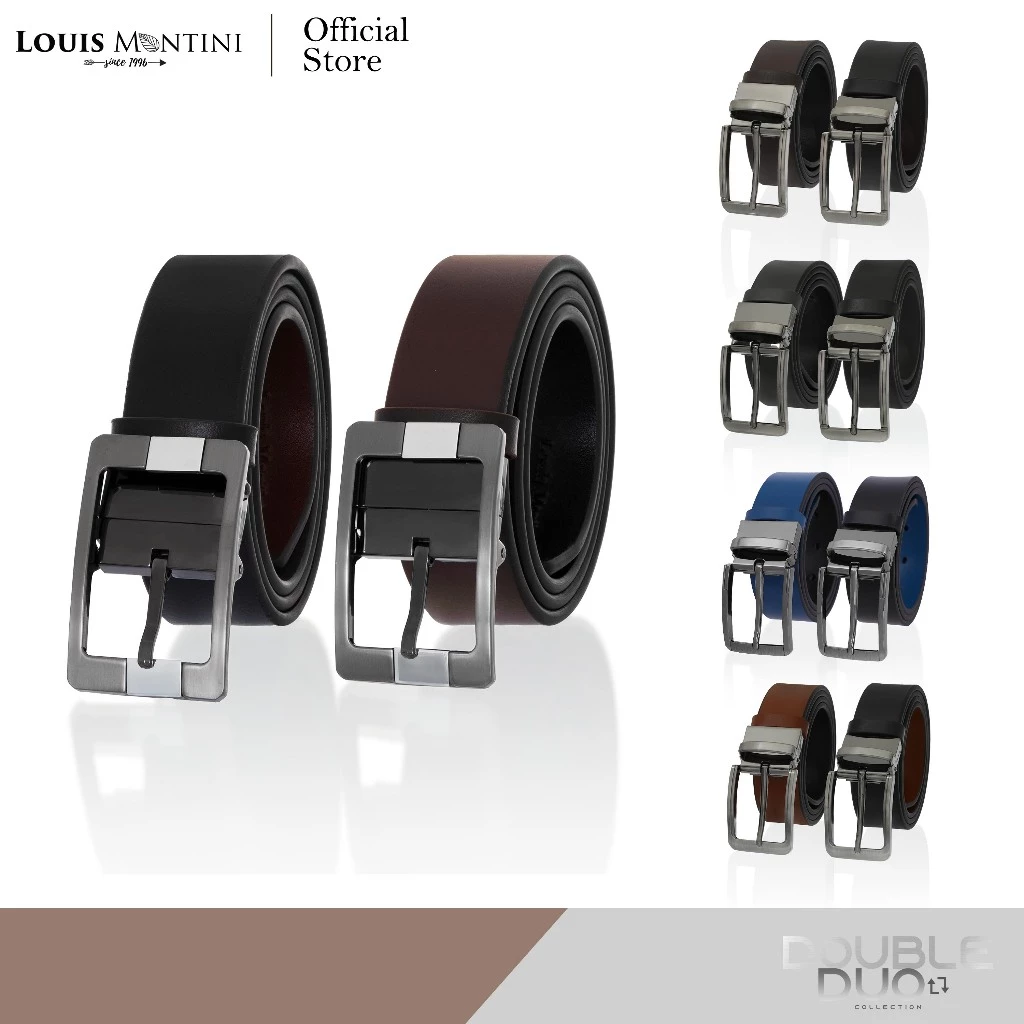 Louis Montini เข็มขัดผู้ชาย หนังวัวแท้ หัวกิ๊บหมุนได้ Reversible Belt (2-Sided Belt) MGN236