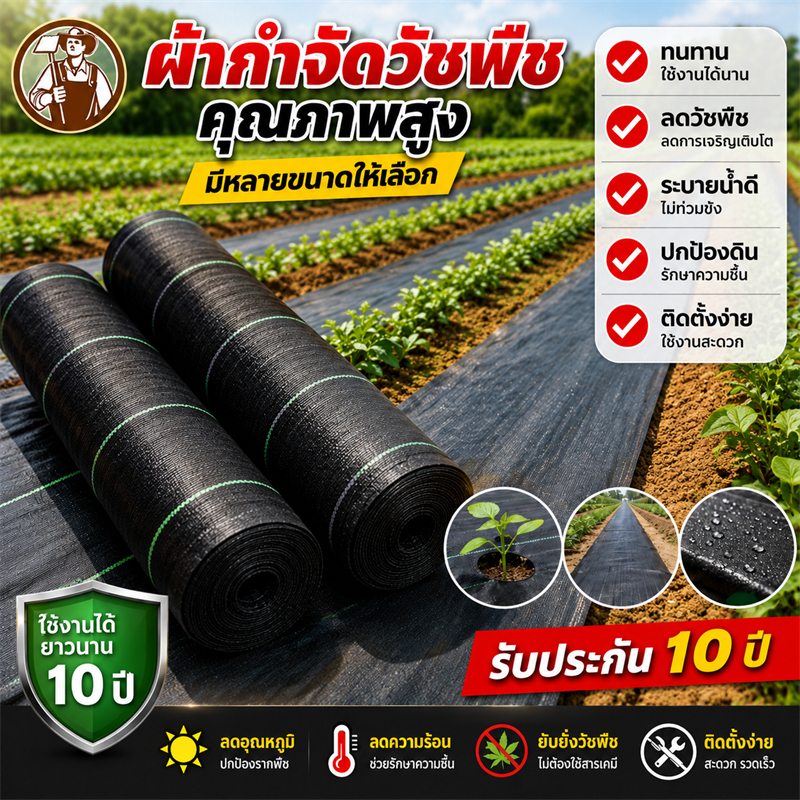พลาสติกคลุมดิน ผ้าคลุมหญ้า กำจัดวัชพืช 50 เมตร 100 เมตร พลาสติกคลุมวัชพืช ผ้าคลุมวัชพืช ผสมUV เห็นผลไวถายใน