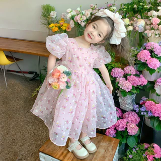 PRINCESS KESLI 2-12 ปี เดรสเด็กหญิง ชุดเดรสเด็กผู้หญิง ชุดเจ้าหญิงลายดอก สไตล์เกาหลี ชุดสั้นแขนฟู ผ้าตาข่าย