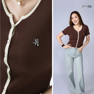 Serene's Choice เสื้อไหมพรมคอวี กระดุมหน้า 6 เม็ด เสื้อไหมพรมผู้หญิง แขนสั้น แต่งขอบสีทูโทน