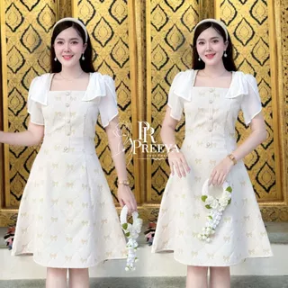 D04 ชุดผ้าไทย แบรนด์ปรียา เดรสผ้าแจ็คการ์ด (Jacquard) ทิ้งตัวสวย ใส่สบาย คัตติ้งเนี๊ยบ มีไซส์ S-2XL ชุดเดรสทำงาน