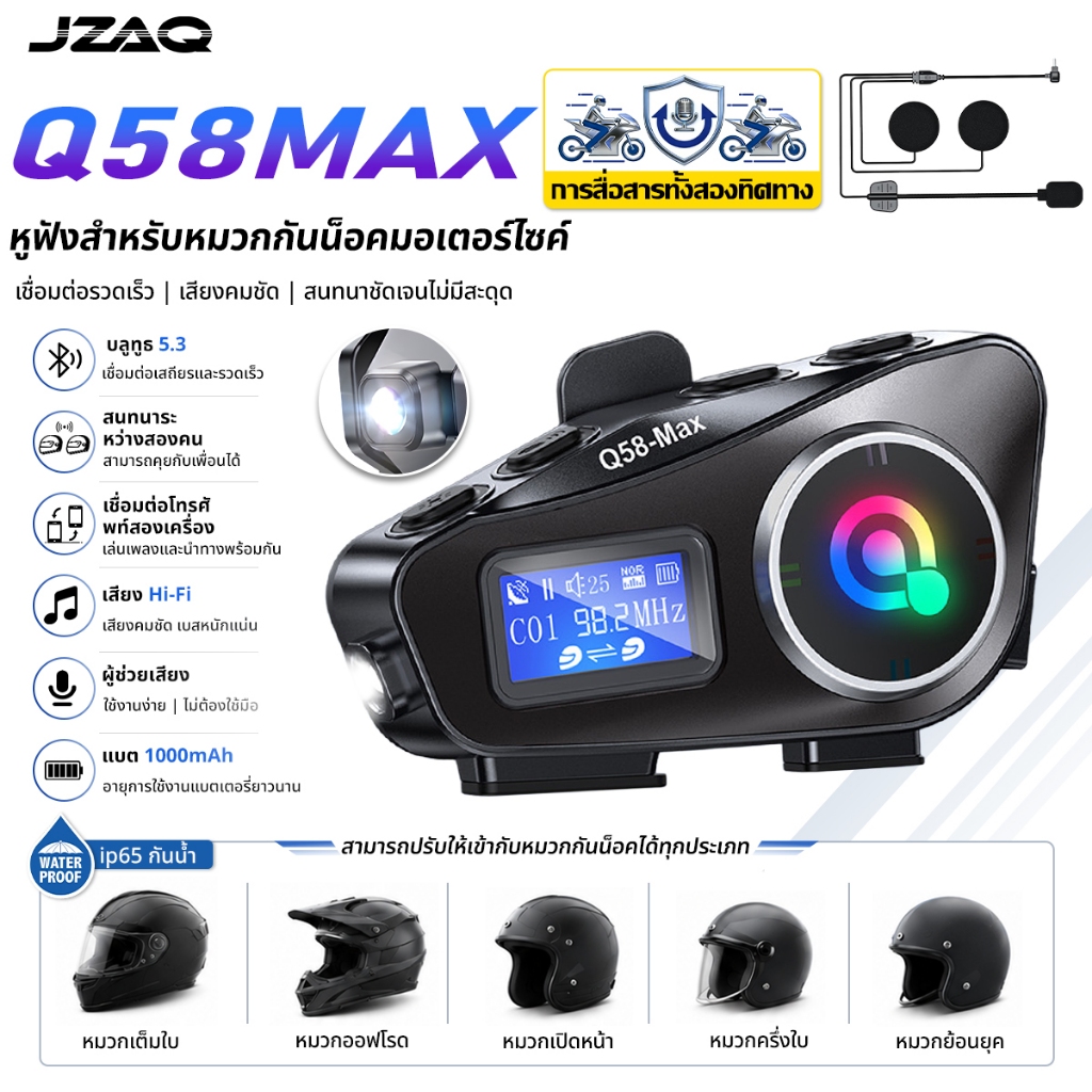 JZAQ Q58-Max หูฟังบลูทูธหมวกกันน็อก บลูทูธ 5.3 หน้าจอ LCD กันน้ำ IP67 แบตเตอรี่ความจุสูง 1000mAh รอง