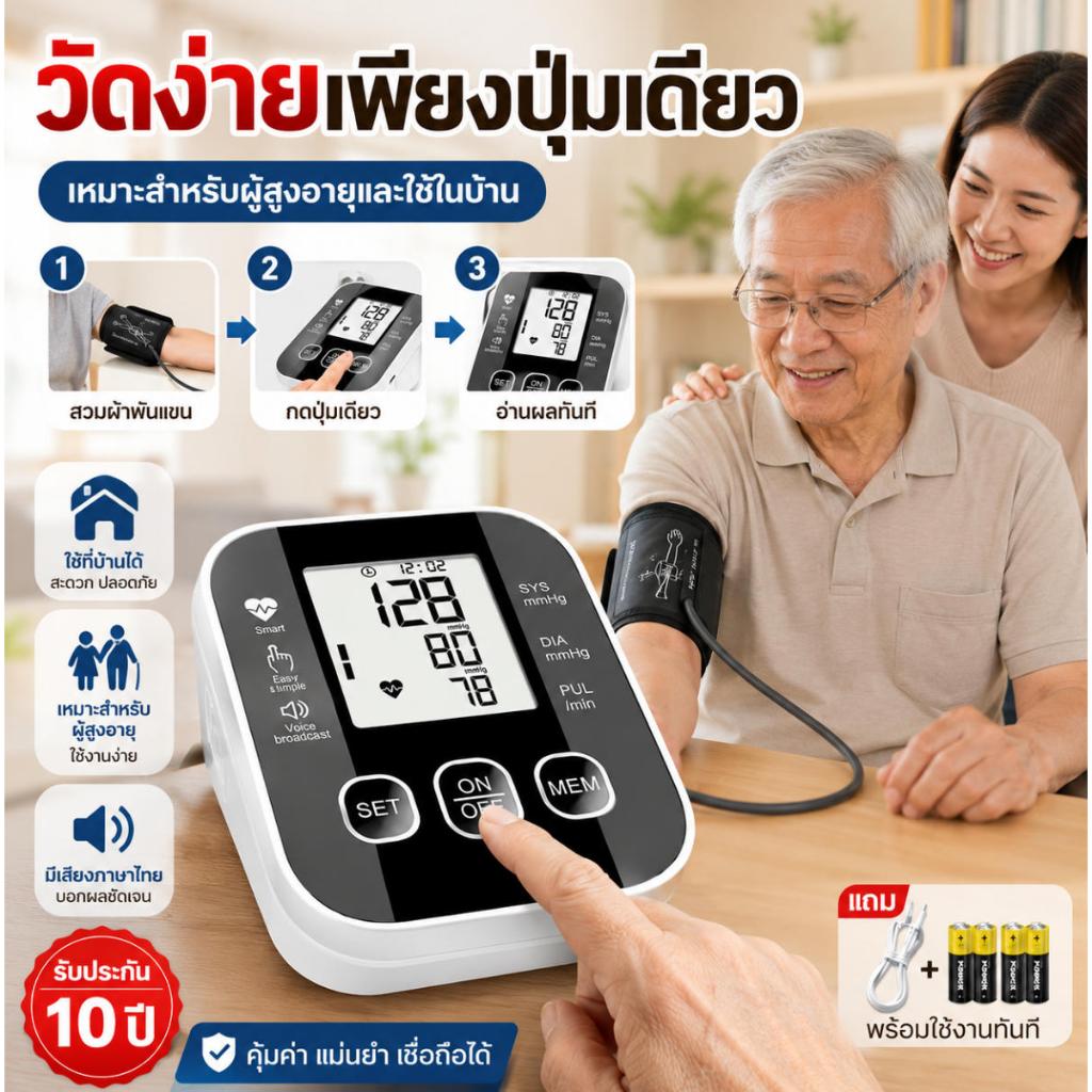 รับประกัน 10 ปี เครืีองวัดความดัน เครื่องวัดความดันโลหิต ของแท้100% เสียงภาษาไทย หน้าจอใหญ่ ชาร์จUSB/ใส่ถ่านโรง