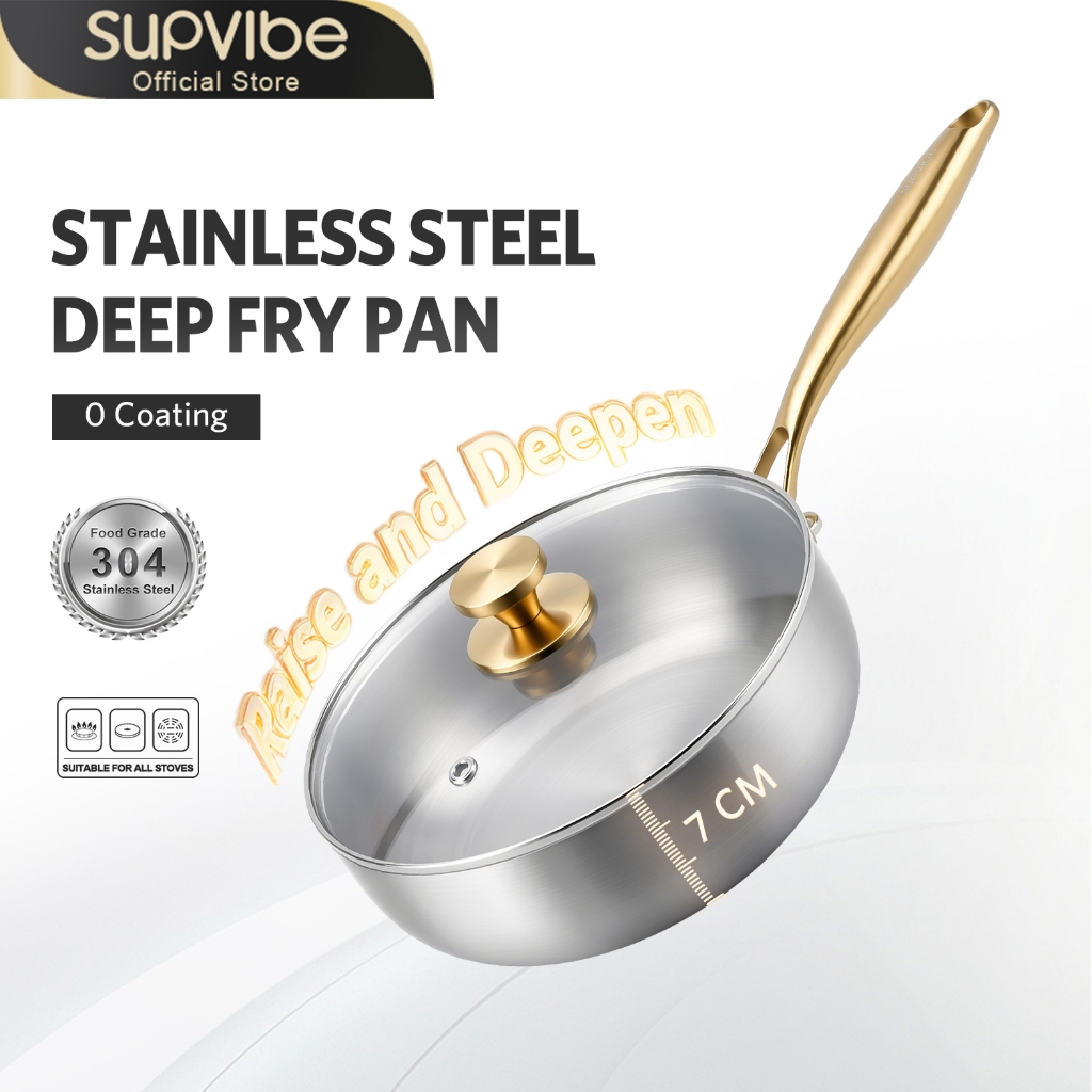 SUPVIBE กระทะผัด สแตนเลส 304 กระทะย่างสเต๊ก 20/24/28CM ตัวกระทะลึกขึ้น พร้อมกับฝาหม้อ ใช้กับเตาแม่เหล็กไฟฟ้าได้
