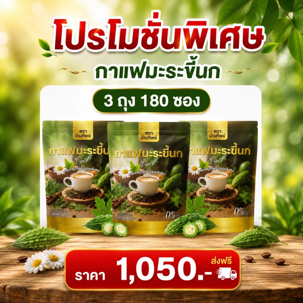 [3 ถุง (180 ซอง) พร้อมส่ง] กาแฟมะระขี้นก กาแฟปัณทิพย์ กาแฟปรุงสำเร็จชนิดผง ไม่มีน้ำตาล