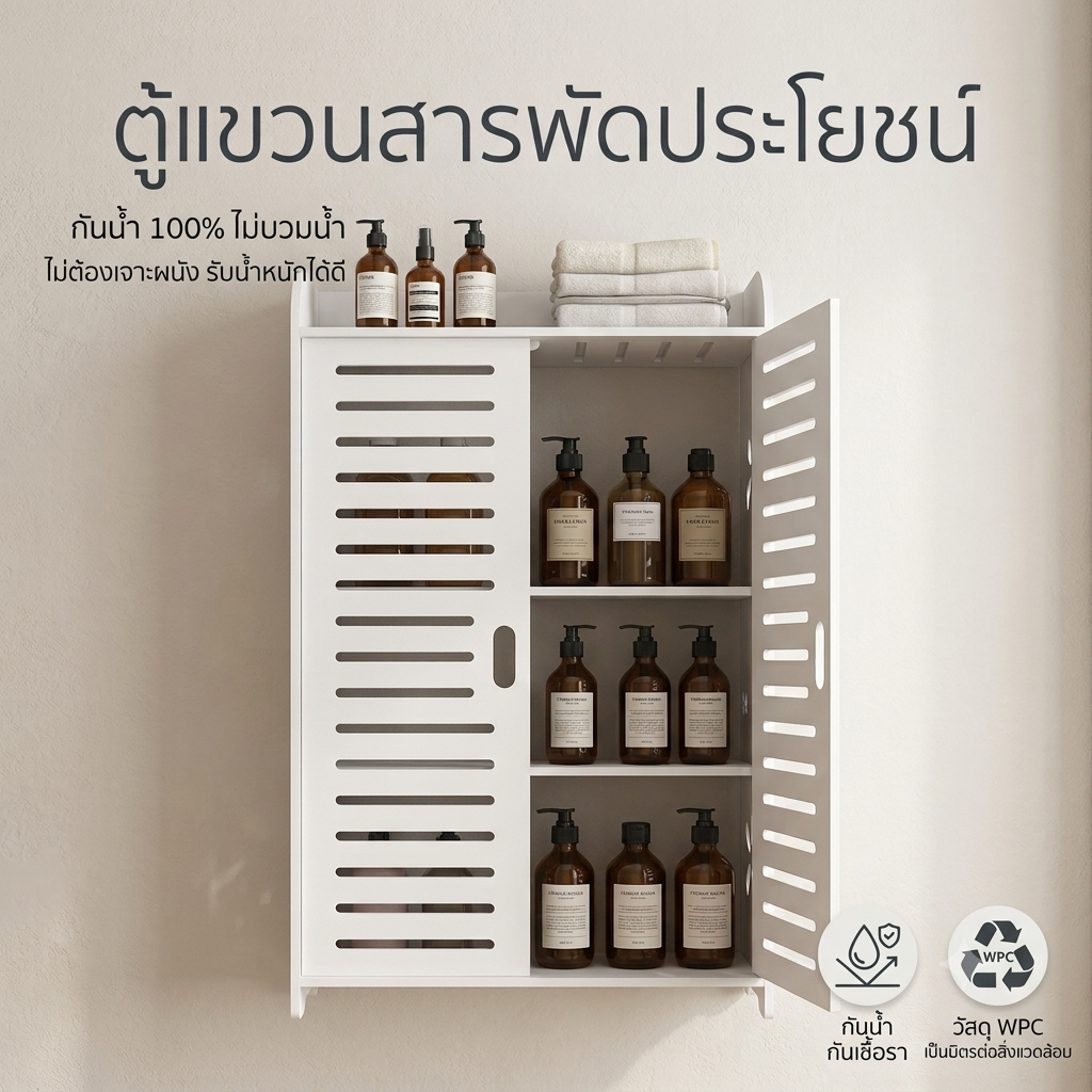 ตู้เก็บของติดผนังห้องน้ำ ทำจากวัสดุ WPC กันน้ำและกันเชื้อรา (ขนาด 60×30 ซม. ไม่ต้องเจาะรูสำหรับจัดเก็บ)