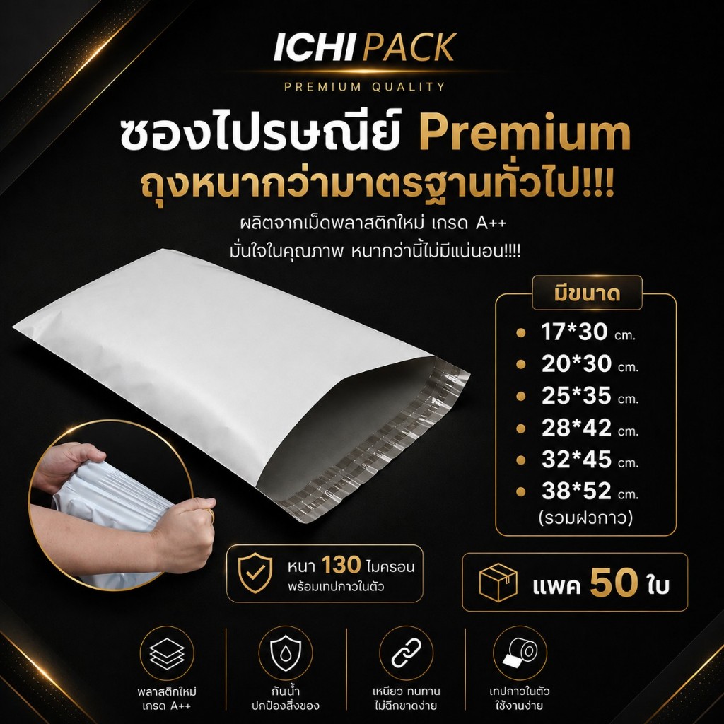 ซองไปรษณีย์ Premium รุ่นขาวหนา 130 ไมครอน ทึบแสง 100% พร้อมเทปกาวในตัว แพ็ก 50 ใบ
