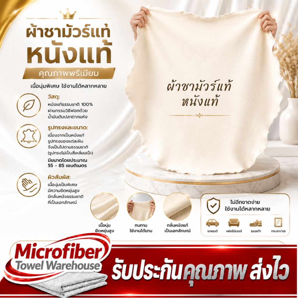 ผ้าเช็ดรถ ผ้าชามัวร์แท้ หนังแท้ 100% คุณภาพสูง รูปทรงธรรมชาติ ขนาด 55x85 CM ผืนใหญ่มาก สามารถตัดได้ คุ้มสุดๆ พร้อมส่ง