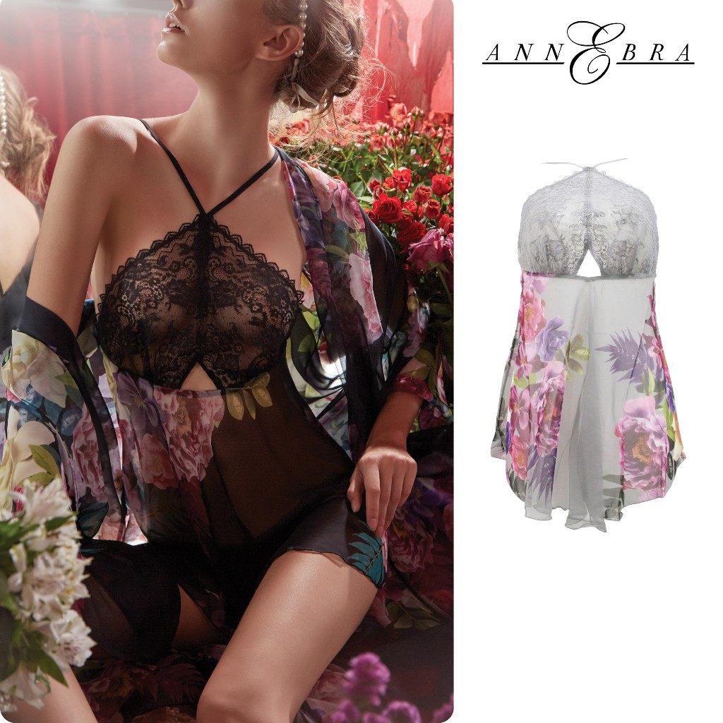 Annebra ชุดนอนสายเดี่ยว ผ้าชีฟองพิมพ์ลาย แต่งลูกไม้ Chiffon Nightwear รุ่น AN8-671 สีเทา