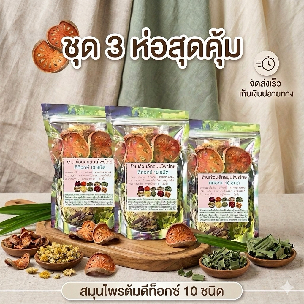 (ชุด 3 ห่อ )ชาต้มสมุนไพร10 ชนิด   บรรจุ 80 กรัม