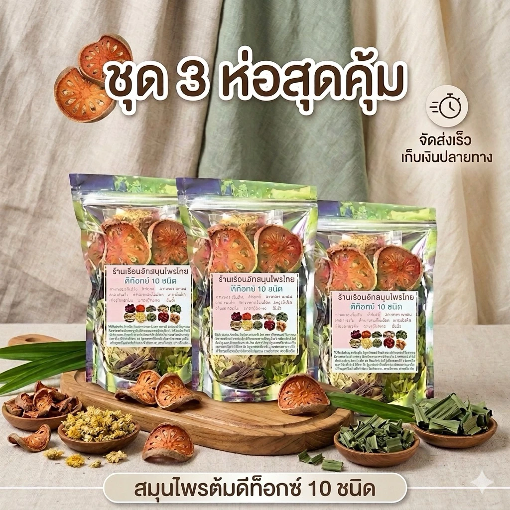 ชุด 3 ห่อ สมุนไพรต้มดีท็อกซ์ 10 ชนิด ร้านเรือนฮัก บรรจุ 80 กรัม มีถุงกรองชาทุกห่อ