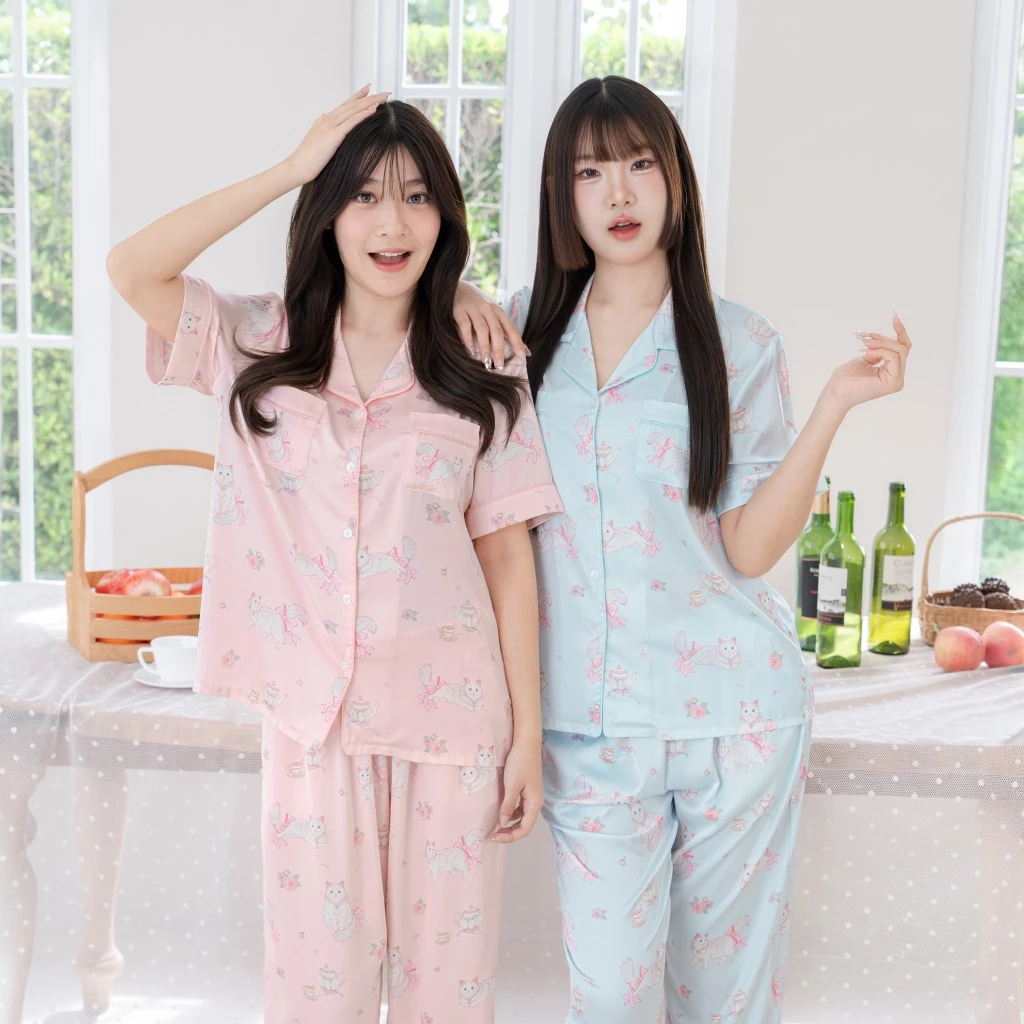 ชุดนอน LovelyNight แขนสั้น-ขายาว Cat Afternoon Tea D17