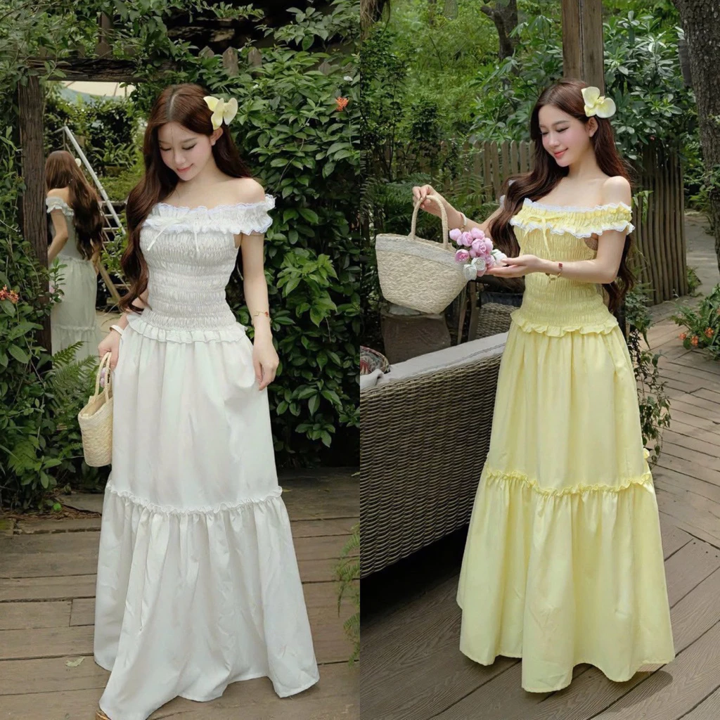 Teera❤️พร้อมส่ง✨เดรสยาว ฟิวส์เจ้าหญิง^^ ดีเทลเปิดไหล่ระบายลูกไม้ ใส่แล้วดูสูงผอมแนะนำเลยค่าา💥goodluck