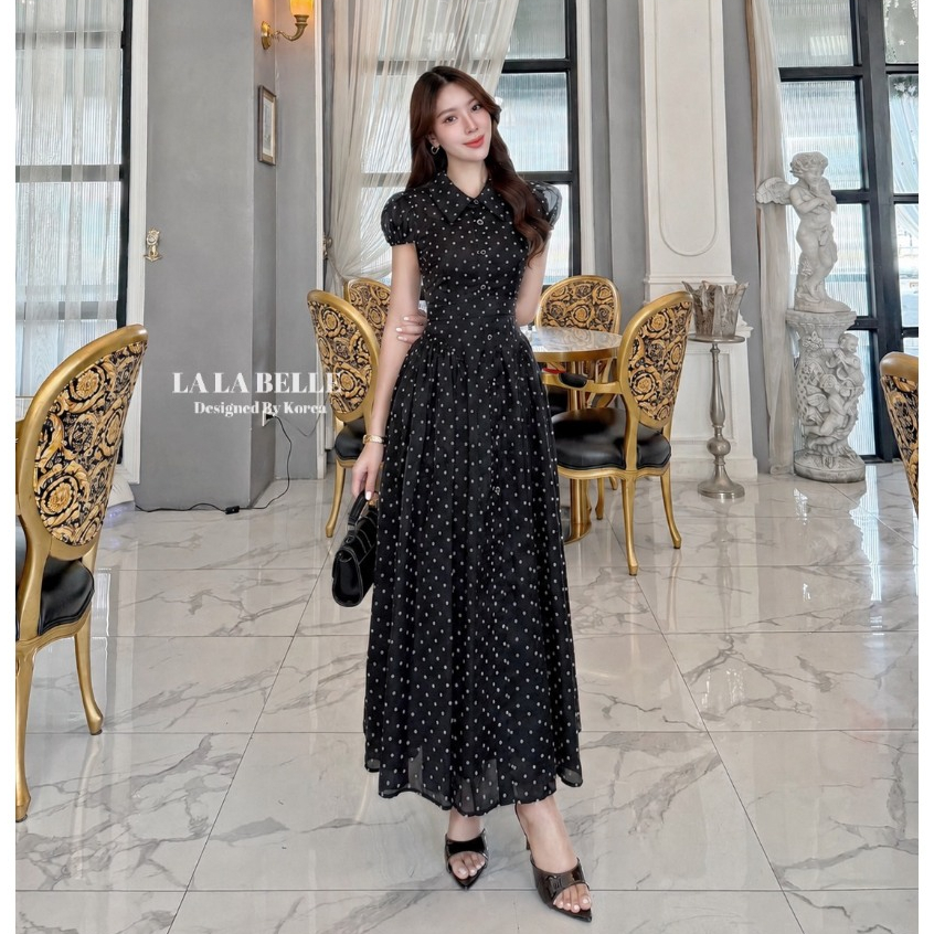 LA LA BELLE เดรสยาวดำจุดขาว