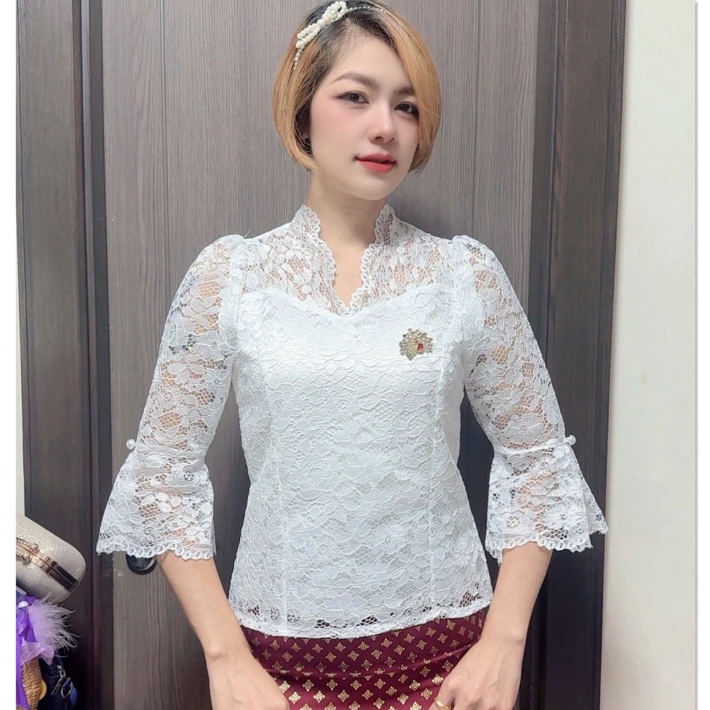 เสื้อลูกไม้คอวีแขนกระดิ่งใส่งานแต่งงานบุญงานบวช