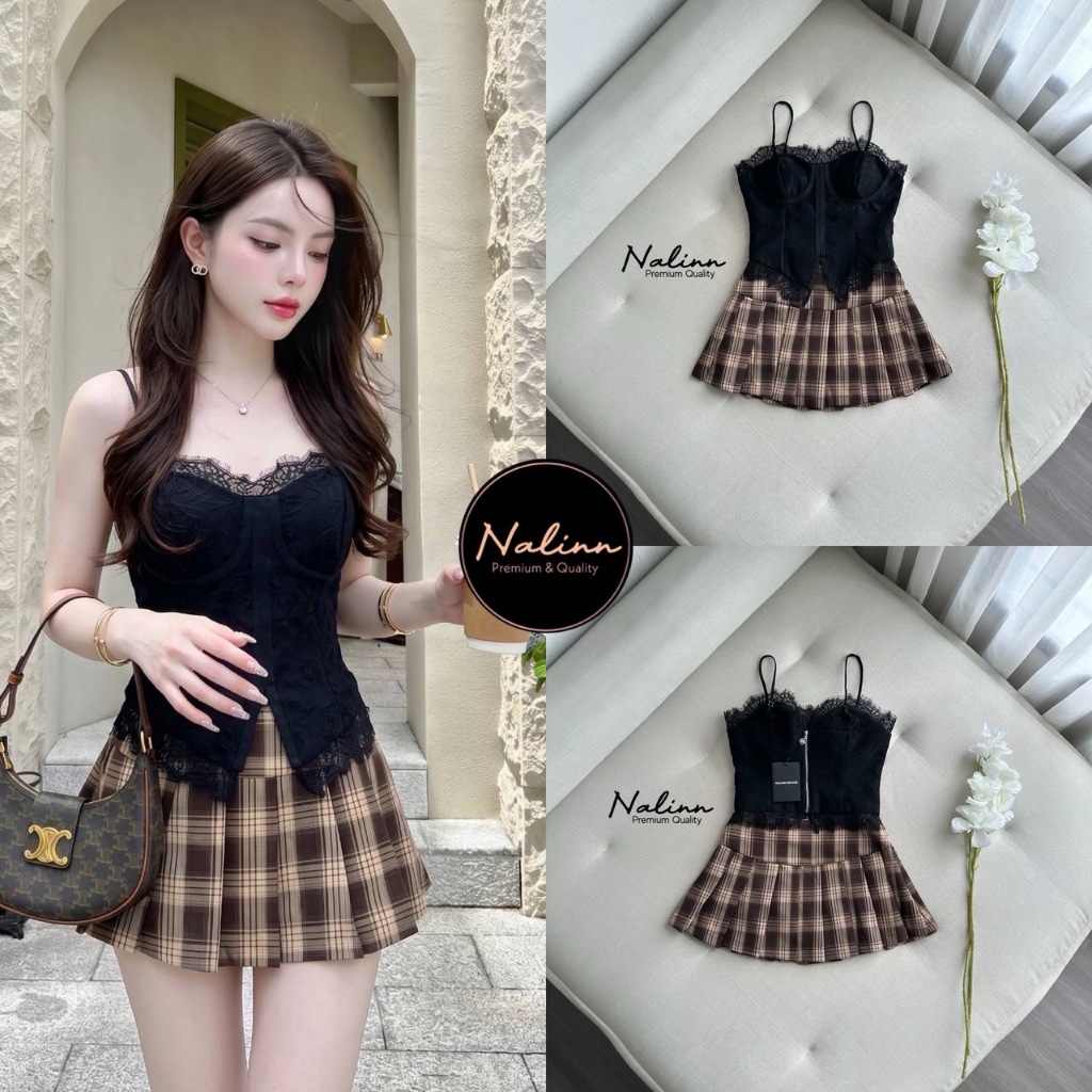 ่Nalinn Set เสื้อสายเดี่ยวลูกไม้+กระโปรงสั้นลายสก็อต