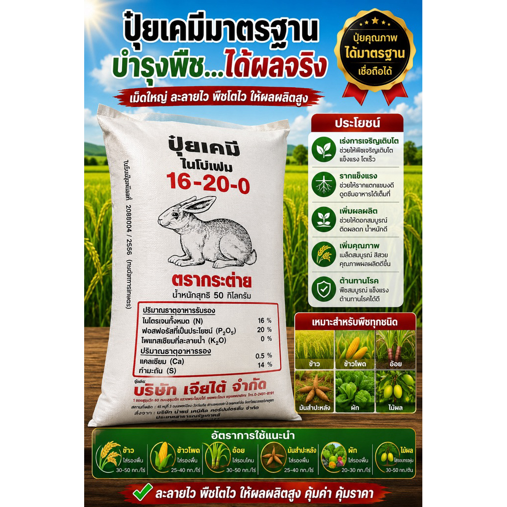 ปุ๋ยเคมี 16-20-0 ตรากระต่ายบรรจุ50kg