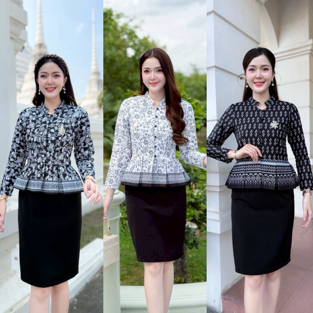 เสื้อสีดำ ลายตะขอ ลายปาเต๊ะ แขนยาว