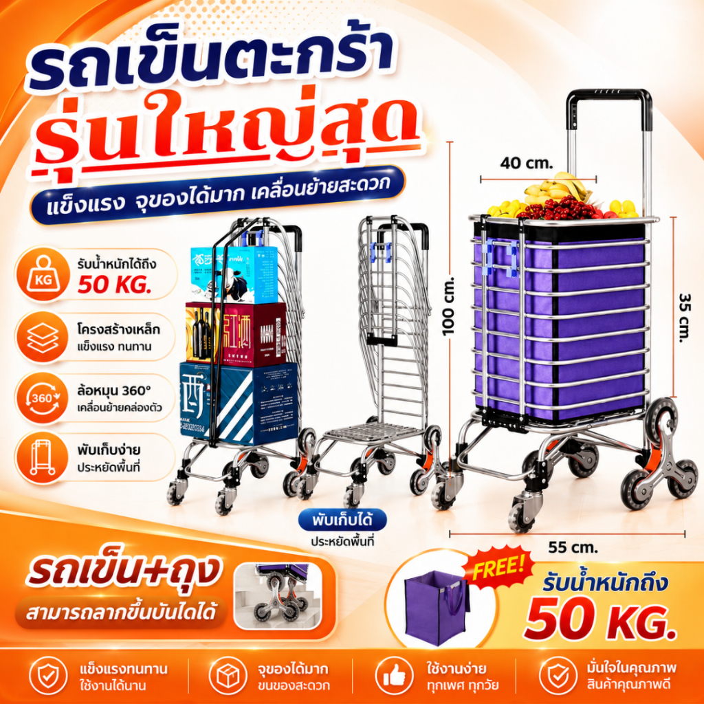 (ตะกร้าใหญ่สุด) รถเข็นตะกร้าจ่ายตลาด(แถมฟรีถุงผ้า) รถเข็นอเนกประสงค์พับเก็บได้ใส่ของที่ชิ้นใหญ่กว่า