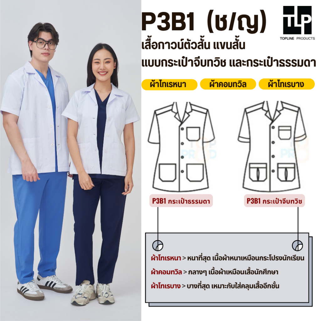 (พร้อมส่ง) toplineproducts เสื้อกาวน์ ตัวสั้น แขนสั้น P3B1 (ผู้หญิง/ผู้ชาย) เลือกเนื้อผ้าได้ 3 แบบ