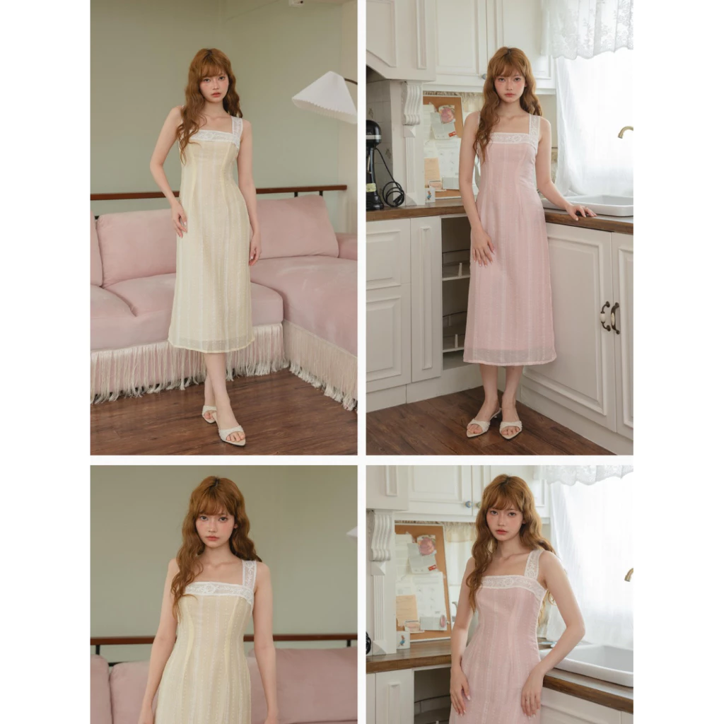 🌸🌼KK016 | (ส่ง21/08)เดรสยาวทรงเอสายเดี่ยวลูกไม้•ผ้าคอตตอนเนื้อนิ่มฉลุ• 🧵เช็คขนาดก่อนสั่งนะคะ