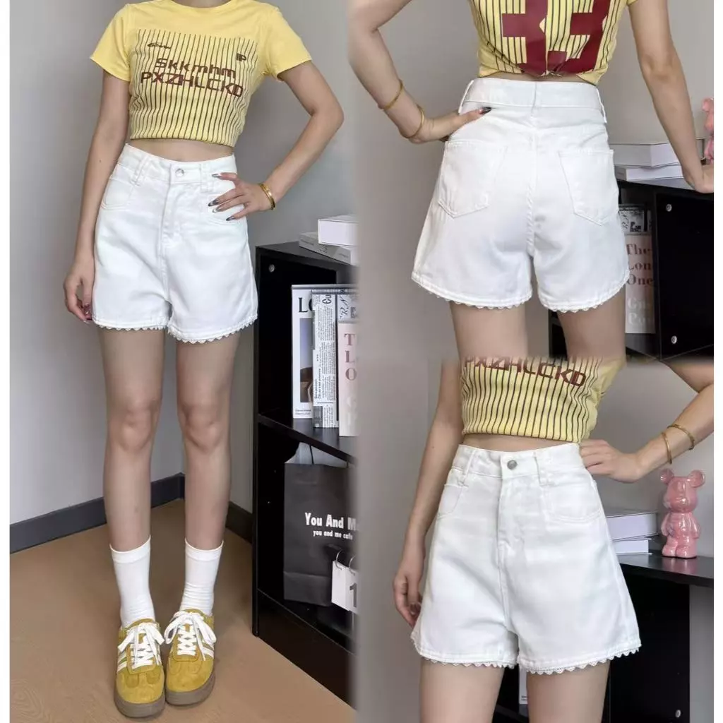 Swan shop (S-4XL)กางเกงยีนส์ขาสั้นสีขาว เอวสูง แต่งลูกไม้ ปลายขาเก๋ สไตล์เกาหลี ใส่สบาย