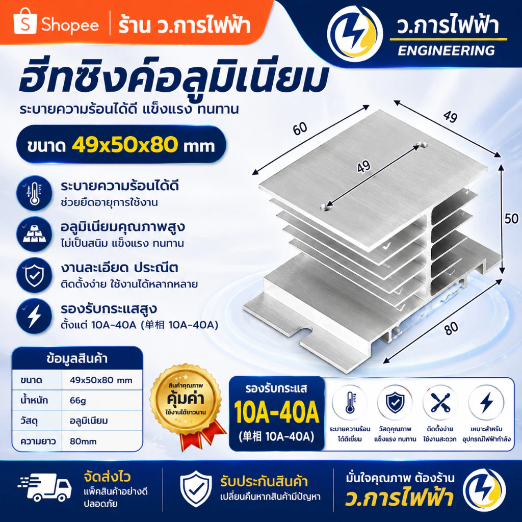 ฮีทซิงค์อลูมิเนียม ระบายความร้อน SSR 10A-40A ขนาด 49x50x80 มม. สำหรับโซลิดสเตตรีเลย์ คุณภาพสูง