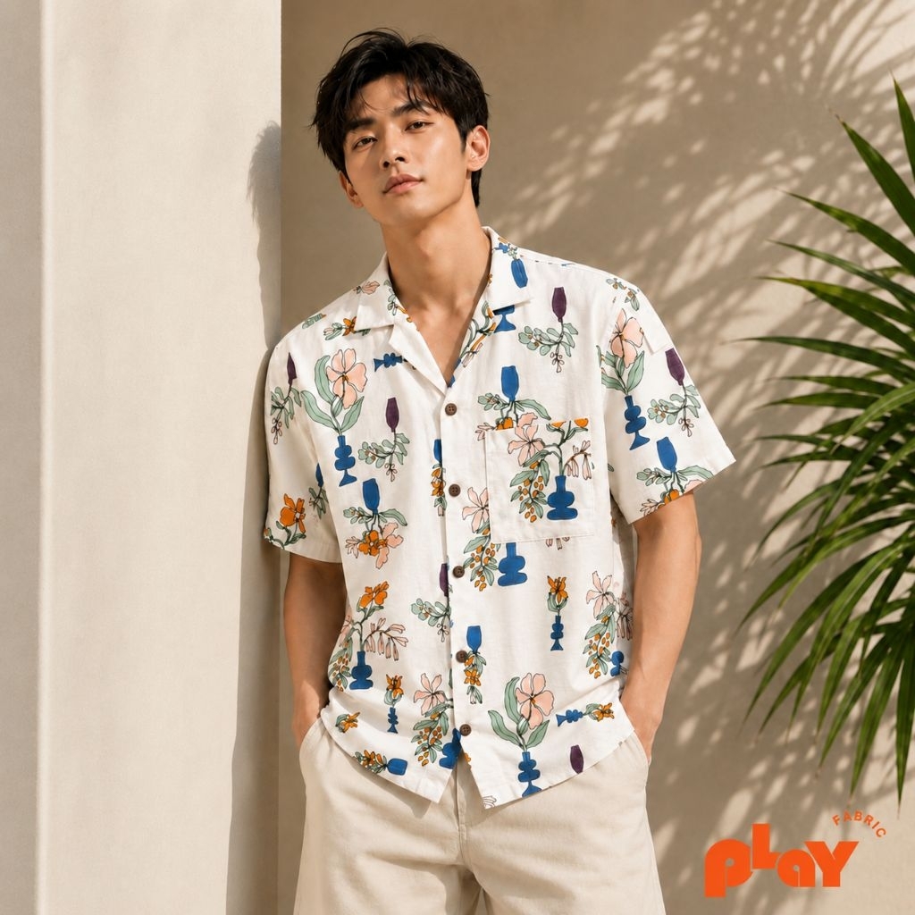 เสื้อฮาวายไหมฝรั่งเศส Bloom Vase ลายดอกไม้กับแจกันโทนอาร์ตๆ ให้ฟีลวินเทจมินิมอล ผลิตในไทย