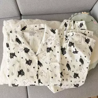 🐶☁️ชุดนอนสองชิ้นลายสุนัขการ์ตูนผสานลายจุด สไตล์สาวหวาน ผ้าคลาวด์คอตตอนสัมผัสนุ่มละมุนผิว เหมาะฤดูร้อน มีไซส์ M-2XL จัดส่
