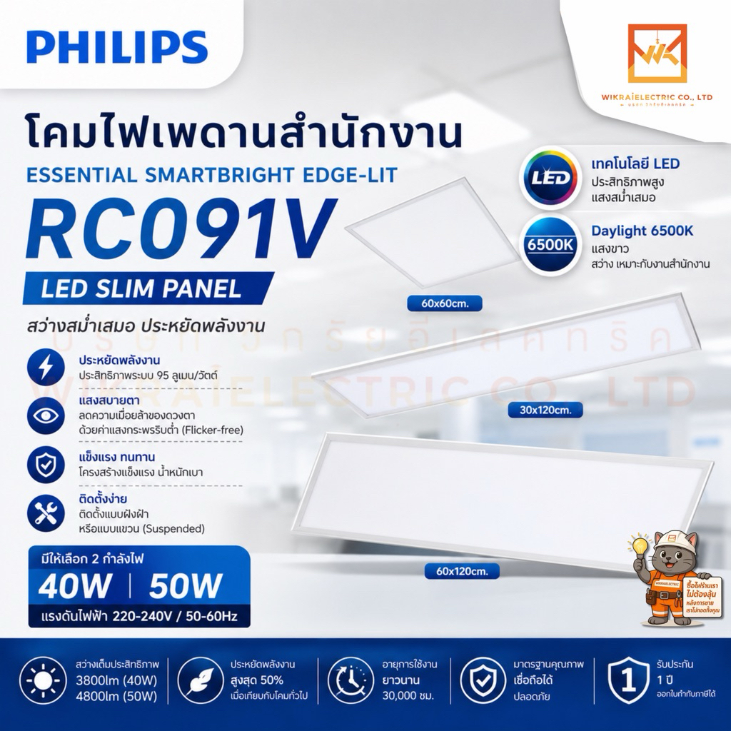 PHILIPS โคมไฟ SmartBright LED Slim Panel ฟิลิปส์ ขนาด 60x60 30x120 60x120cm. รุ่น RC091V 40W และ 50W