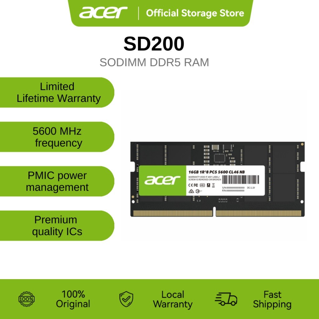16GB (1X16GB) RAM DDR5 5600MHZ (แรมโน๊ตบุ๊ค) RAM DDR5 (5600, NB) 16GB ACER SD200