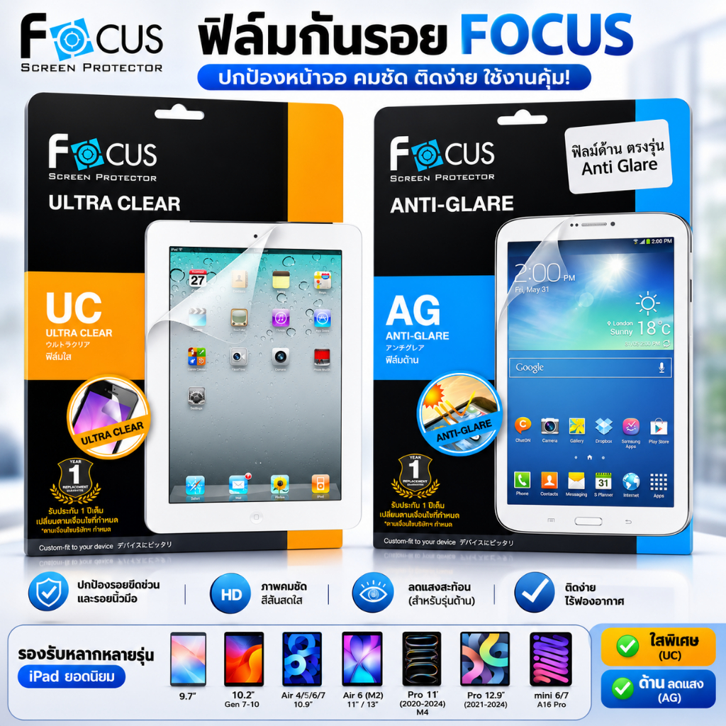 Focus ใส / ด้าน ฟิล์ม สำหรับ ไอแพด Air mini 3 4 5 6 7 10.2 9.7 Pro 11 A16 Gen 7 8 9 10 11 13 12.9 Air6/7/8 M3/M4 11"